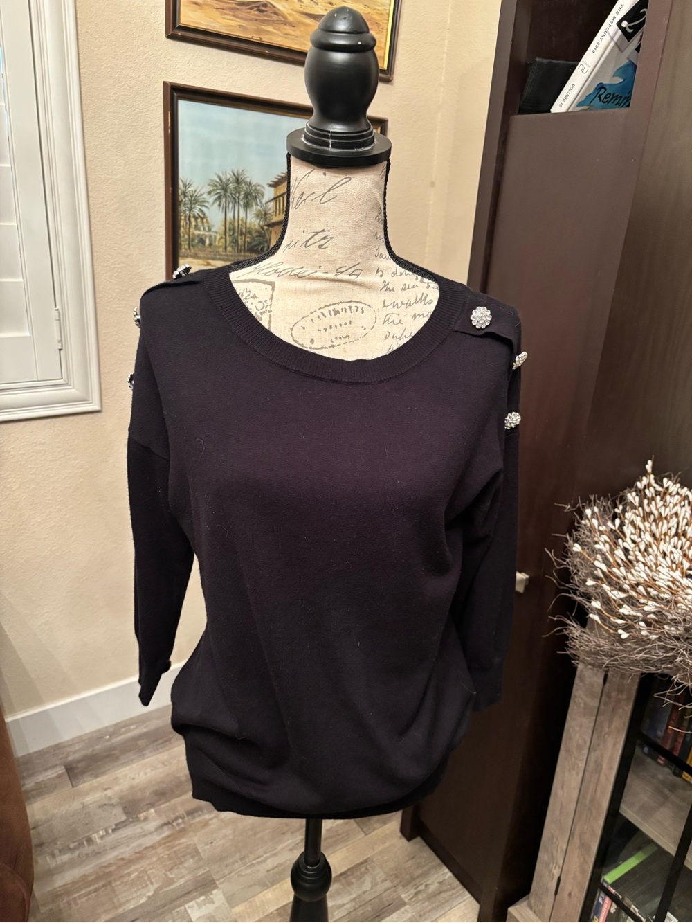 New York & Company Black Crewneck Sweater with Embellished Shoulders